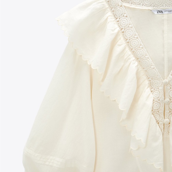 ZARA - Embroidered Ruffle Collared Long Sleeve Blouse in Ivory (NWT) - Size : S - Picture 8 of 14
